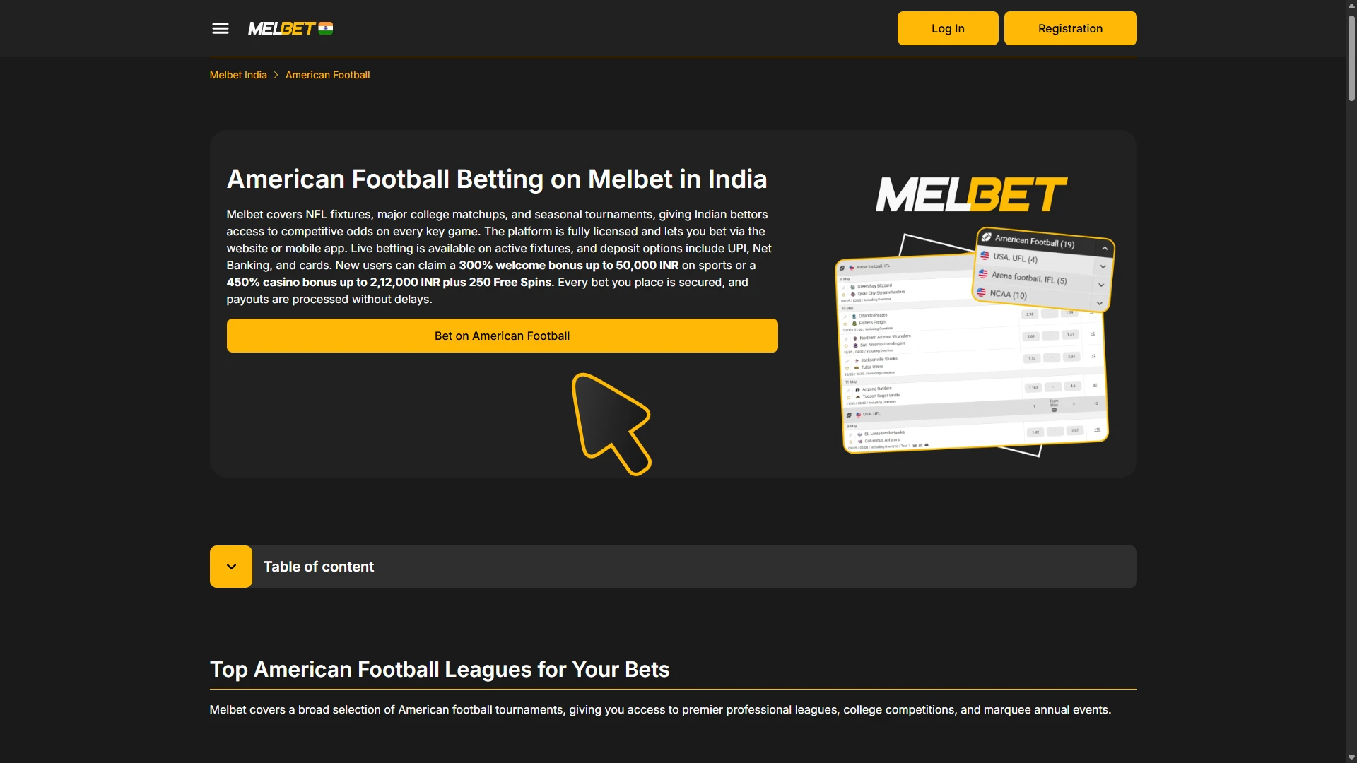 Click this button to join Melbet and start betting on american football.