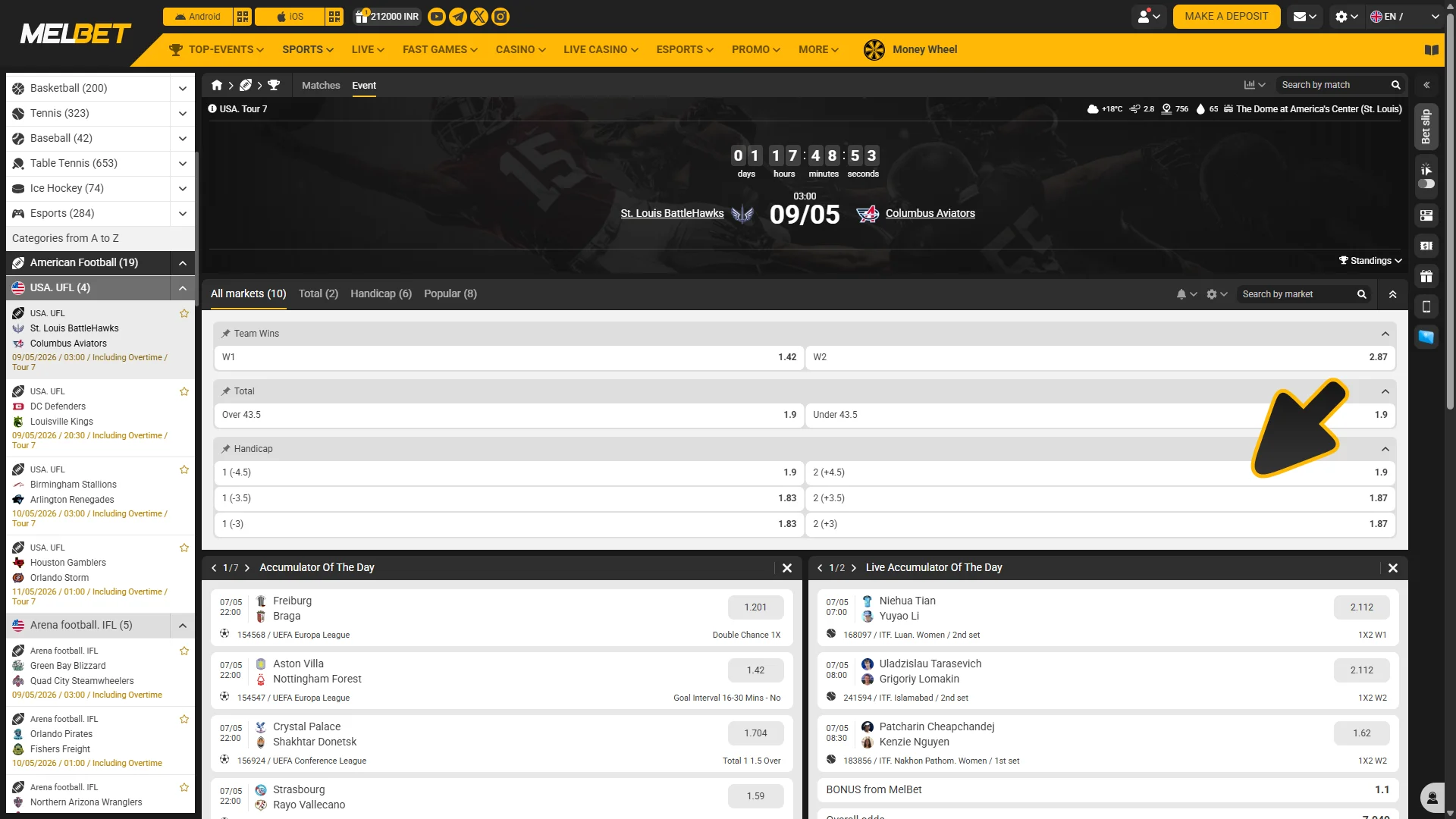 Select market and place bet for Melbet american football.