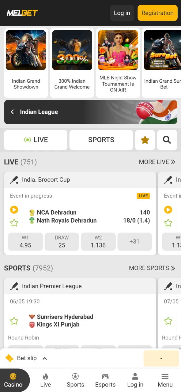 Check out new bonuses and popular matches at Melbet app main page.