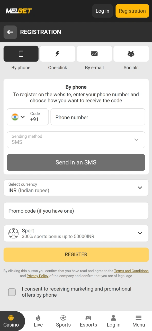 Create account with any method you prefer at Melbet app.