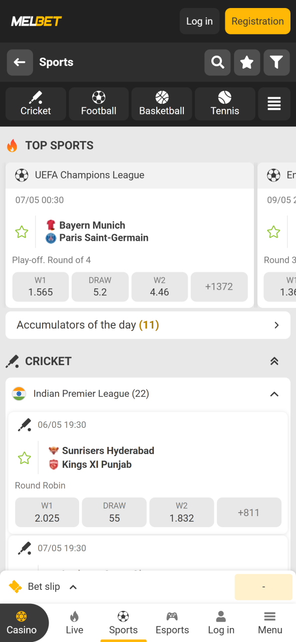 Bet on many different sports tournaments at Melbet app.