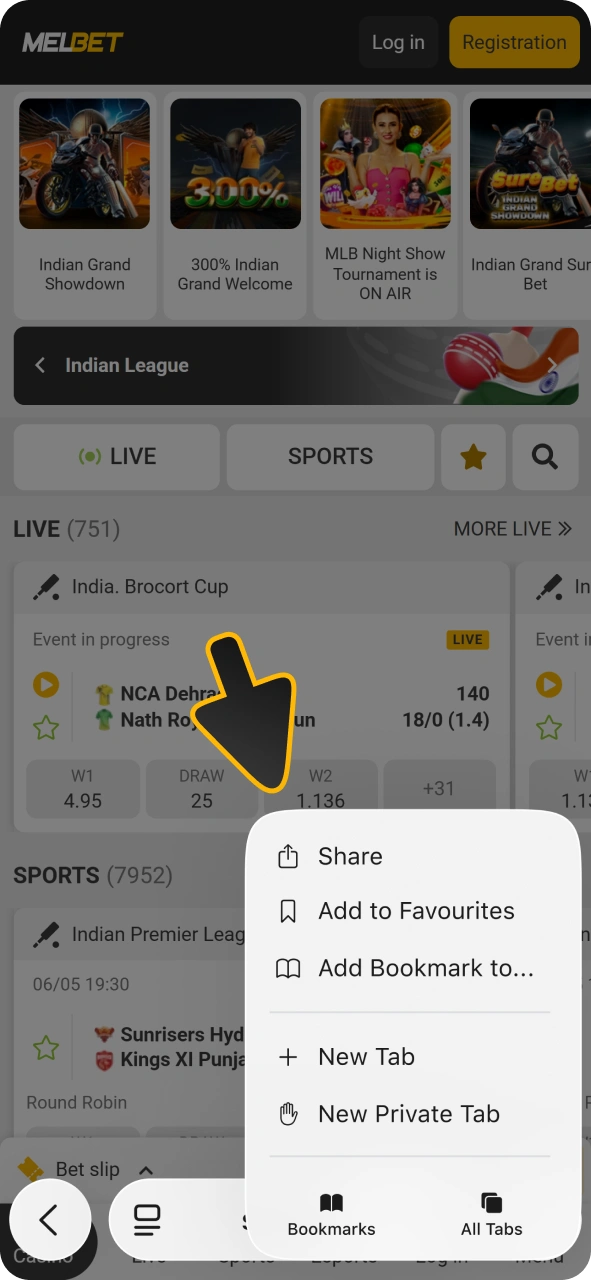 Click on share button to get Melbet iOS PWA app.