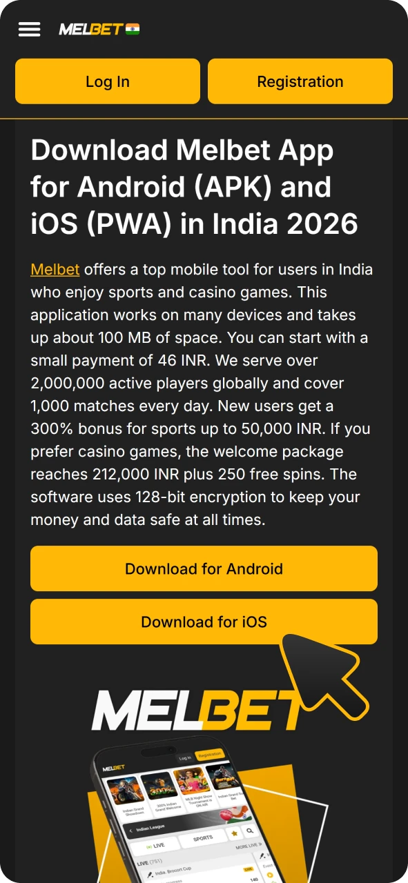 Click this button to get to official website and get Melbet iOS PWA app.