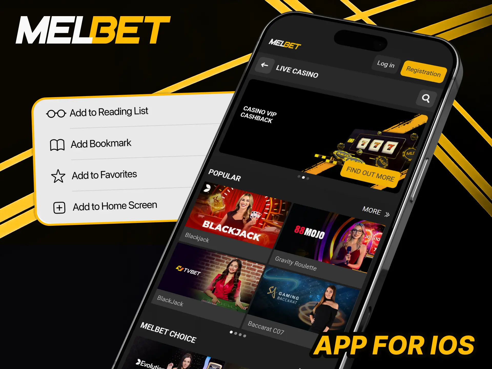 Use PWA function to get Melbet iOS app.