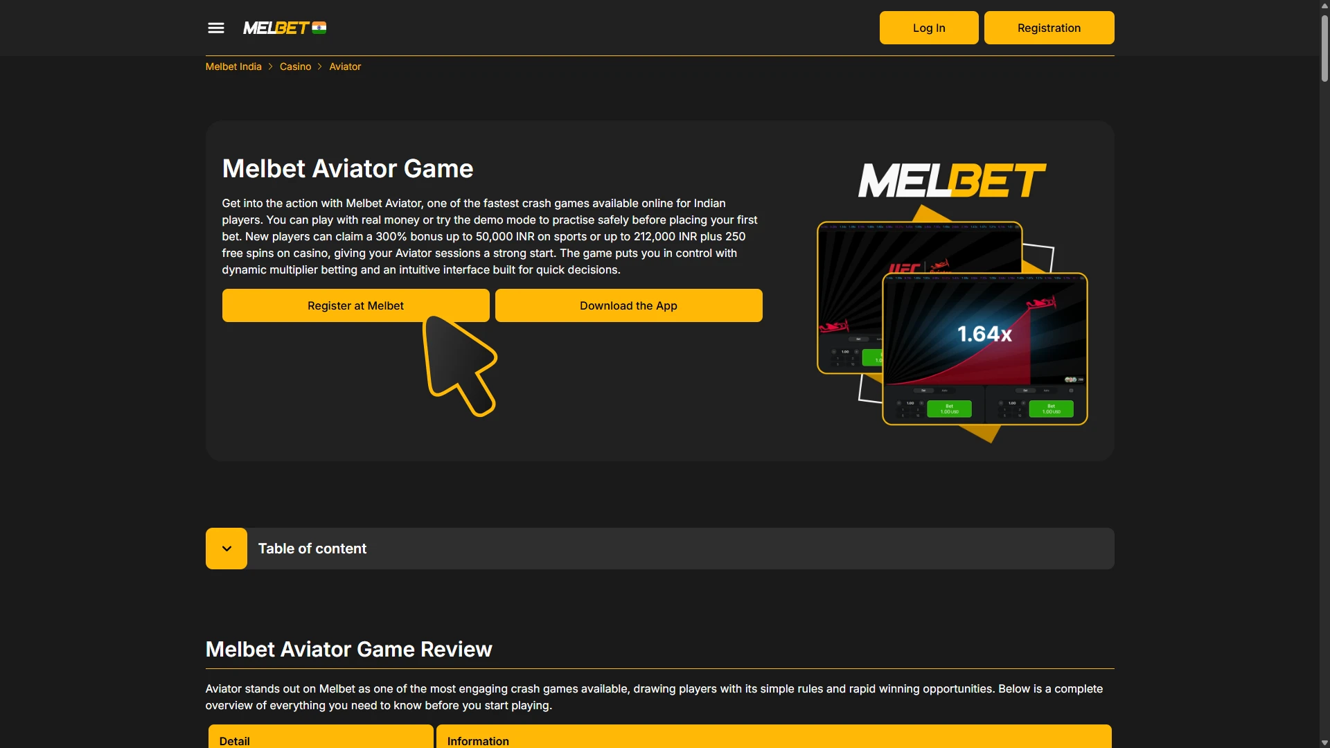 Tap on this button to join Melbet and play Aviator.