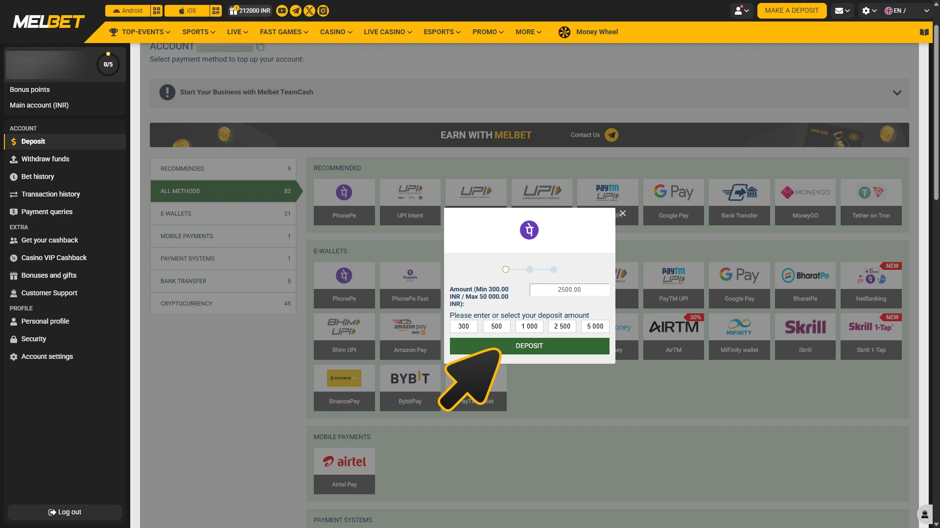 Deposit for Melbet Aviator bets.