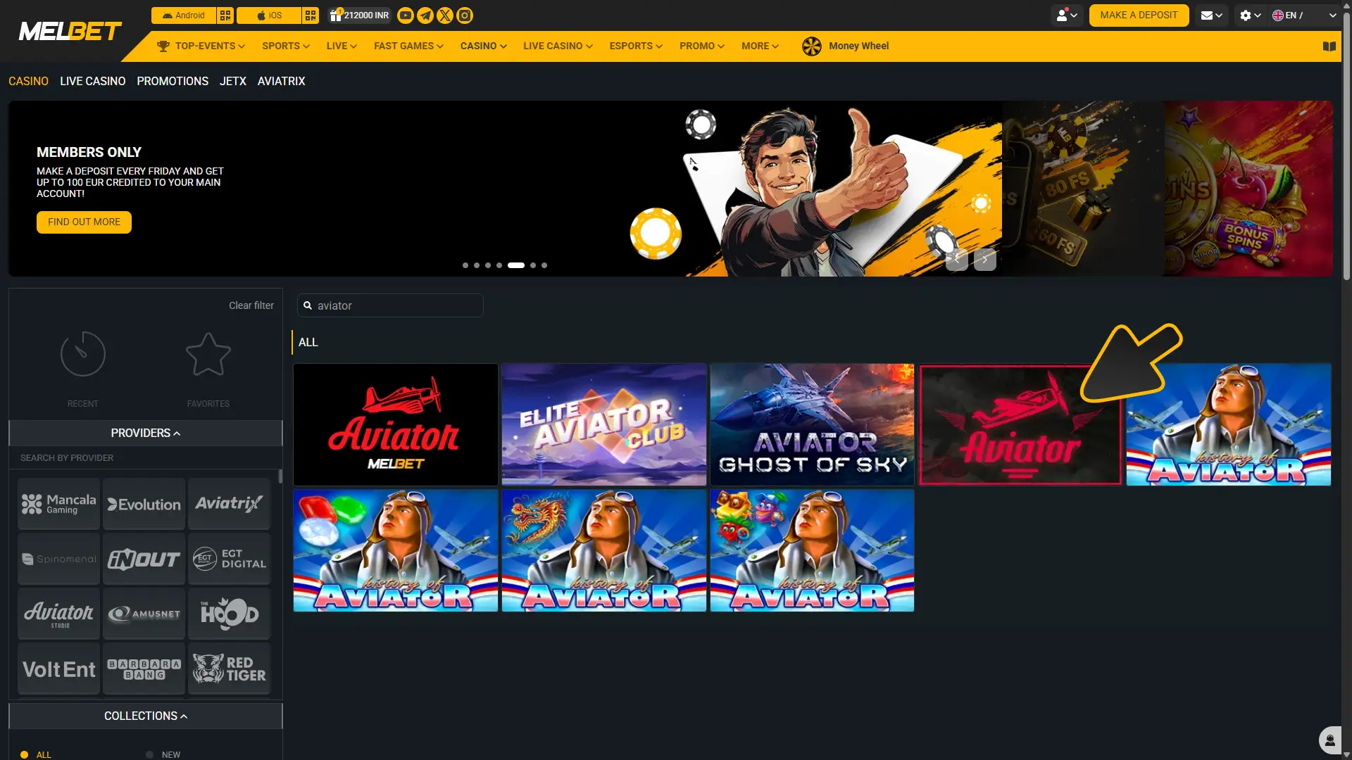 Search for Aviator game to play at Melbet.