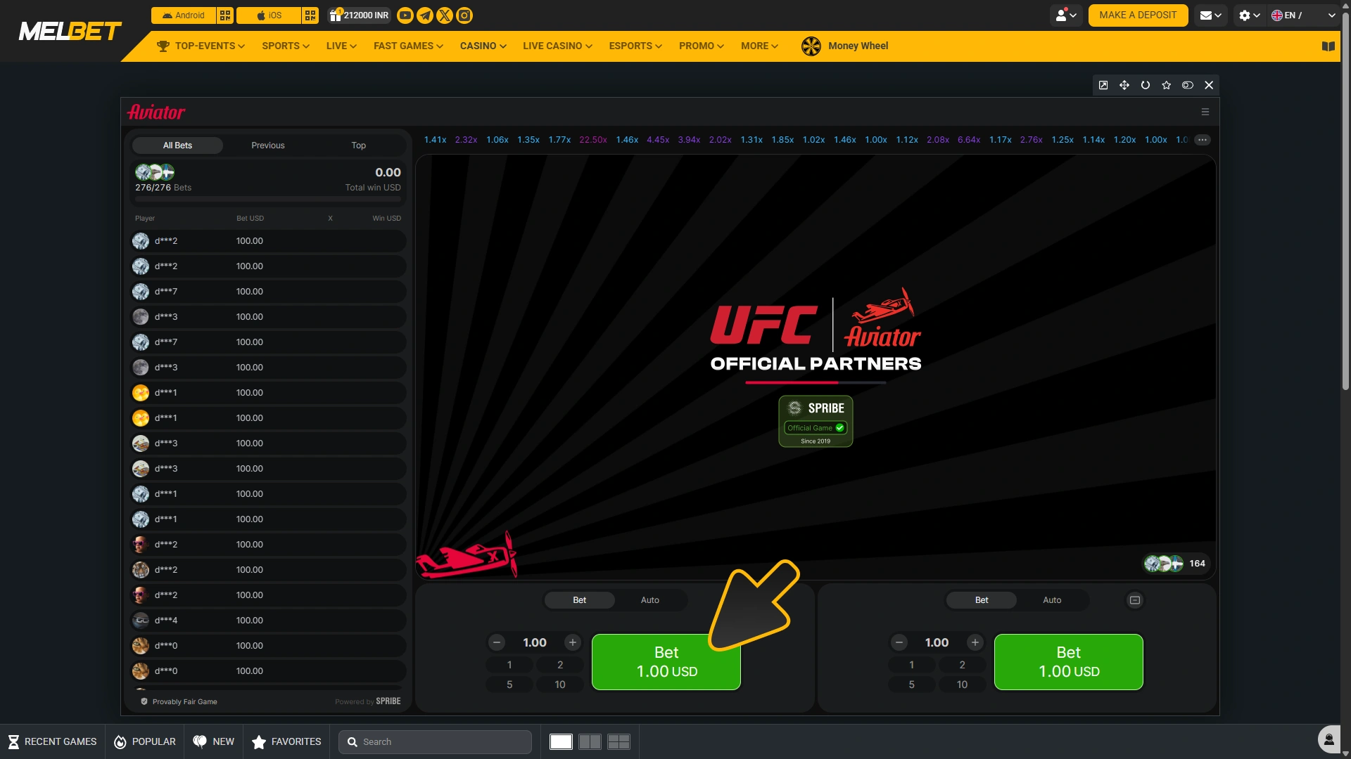 Start playing Aviator game at Melbet casino.