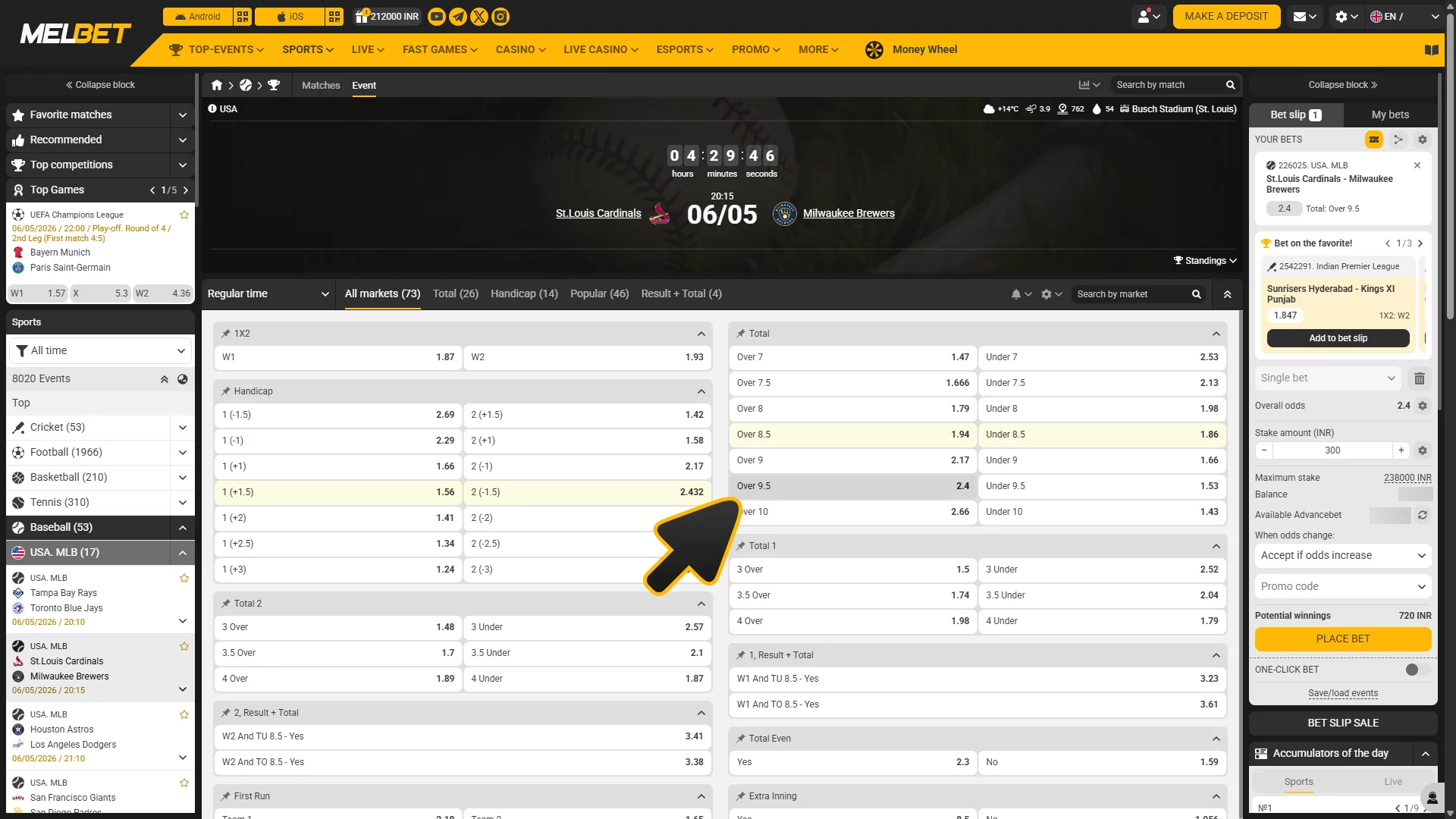 Click on chosen amrket to place bet at Melbet.