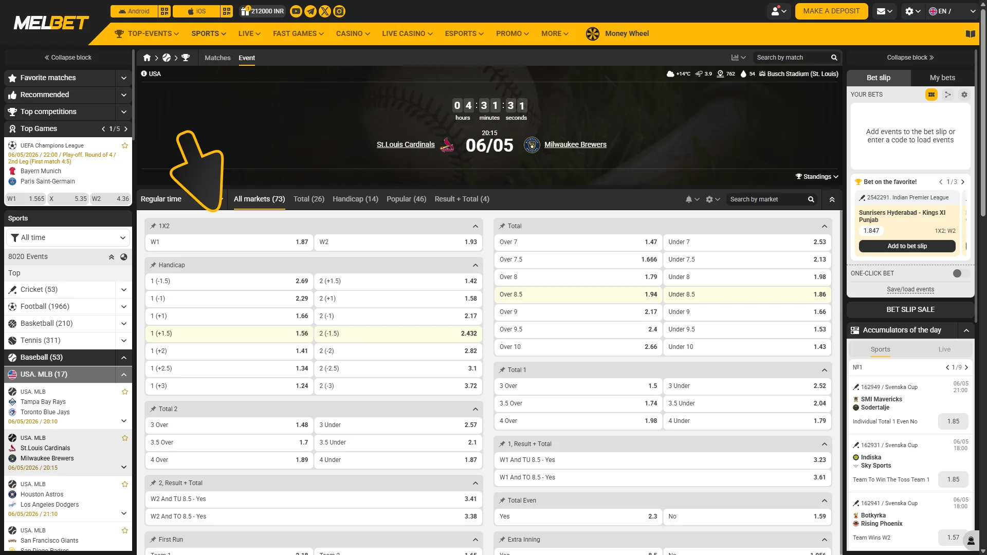 Choose markets to palce your sports bets on at Melbet.