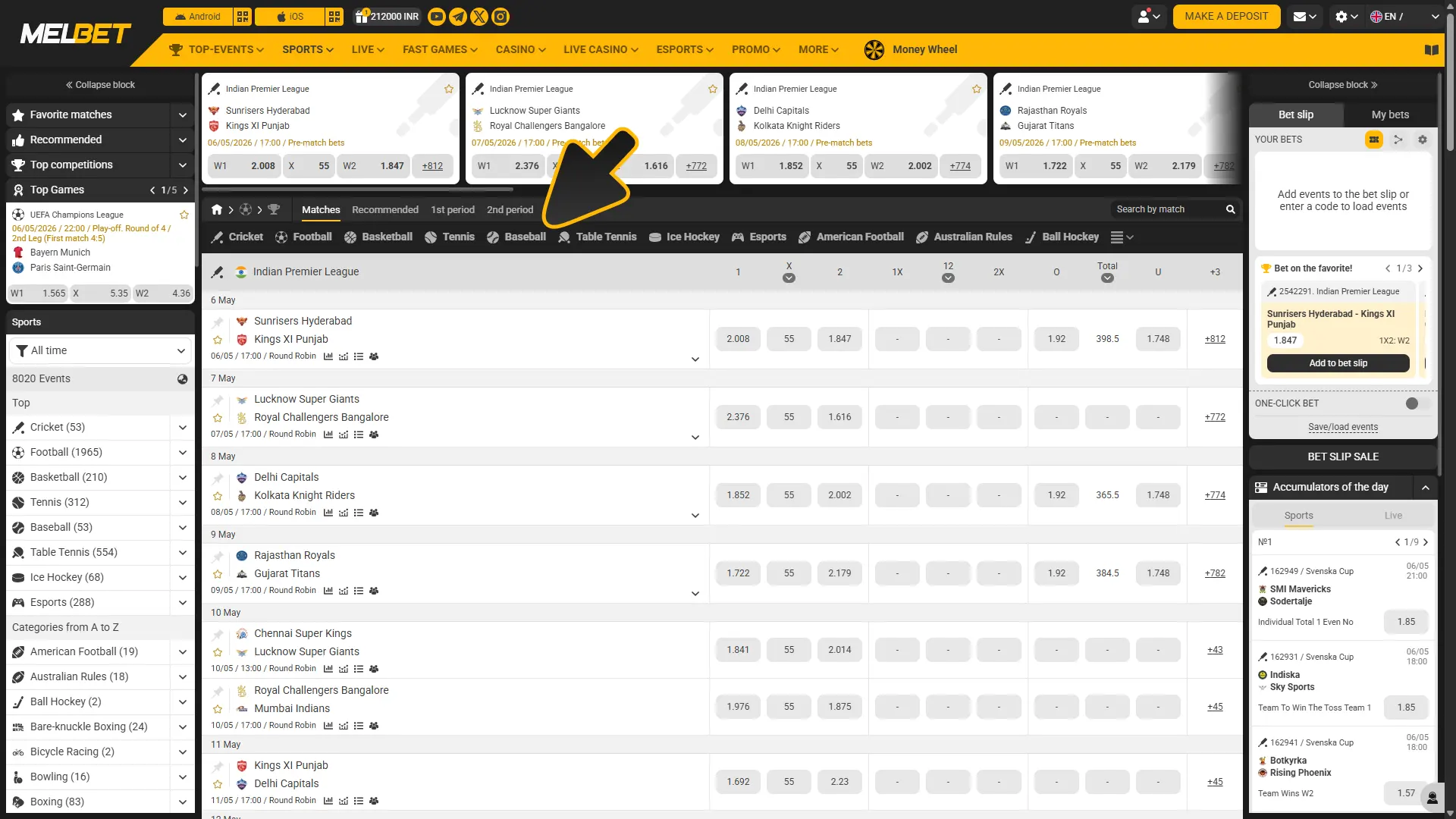 Choose any sport you like to bet on at Melbet sportsbook.