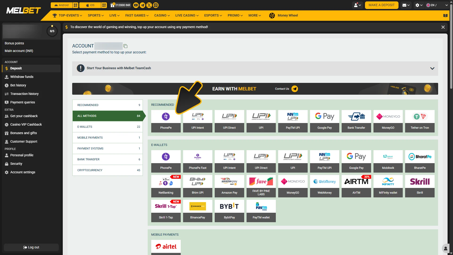 Make deposit for casino betting at Melbet.