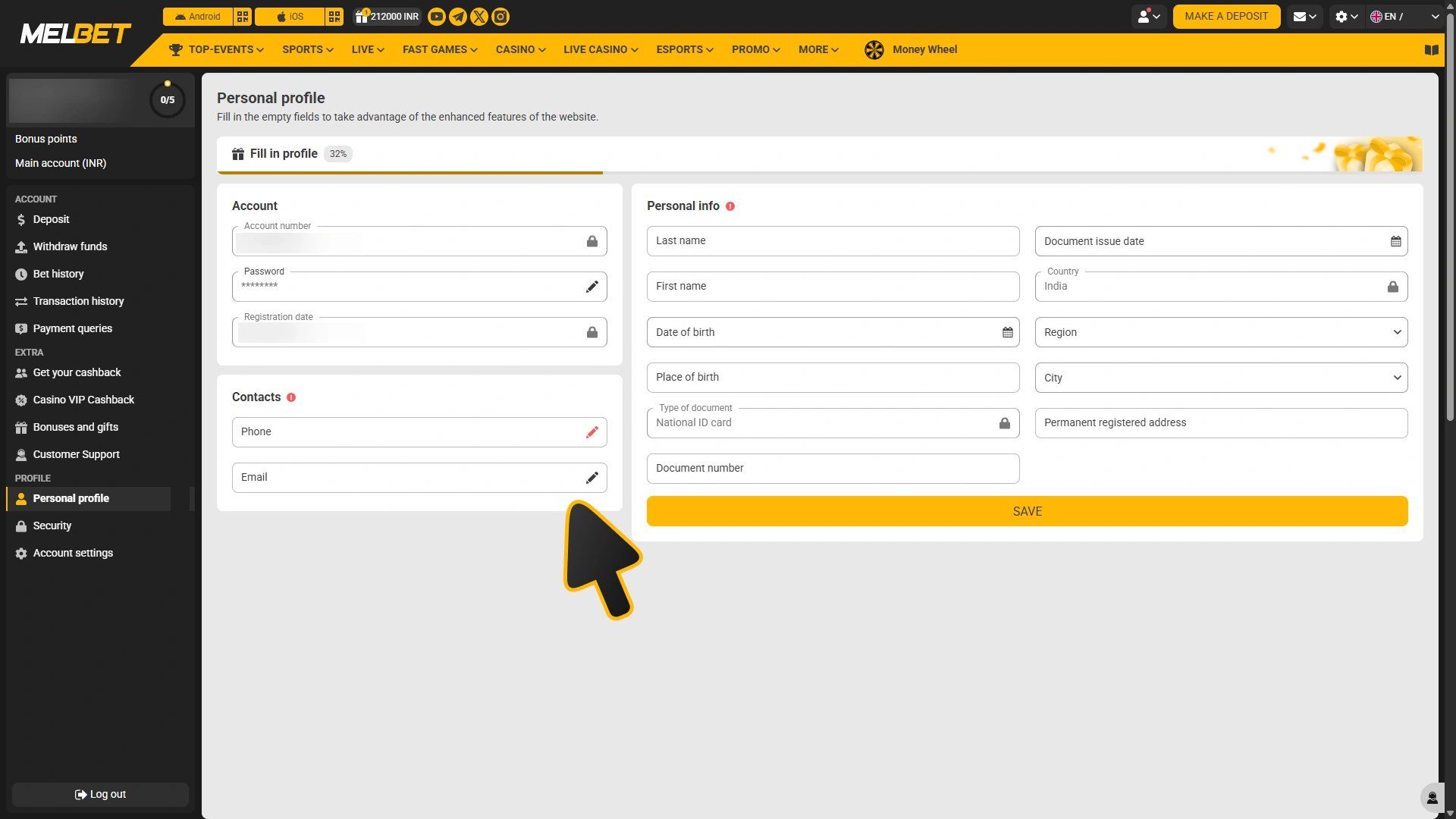 Fill and verify your profile before playing casino games at Melbet.