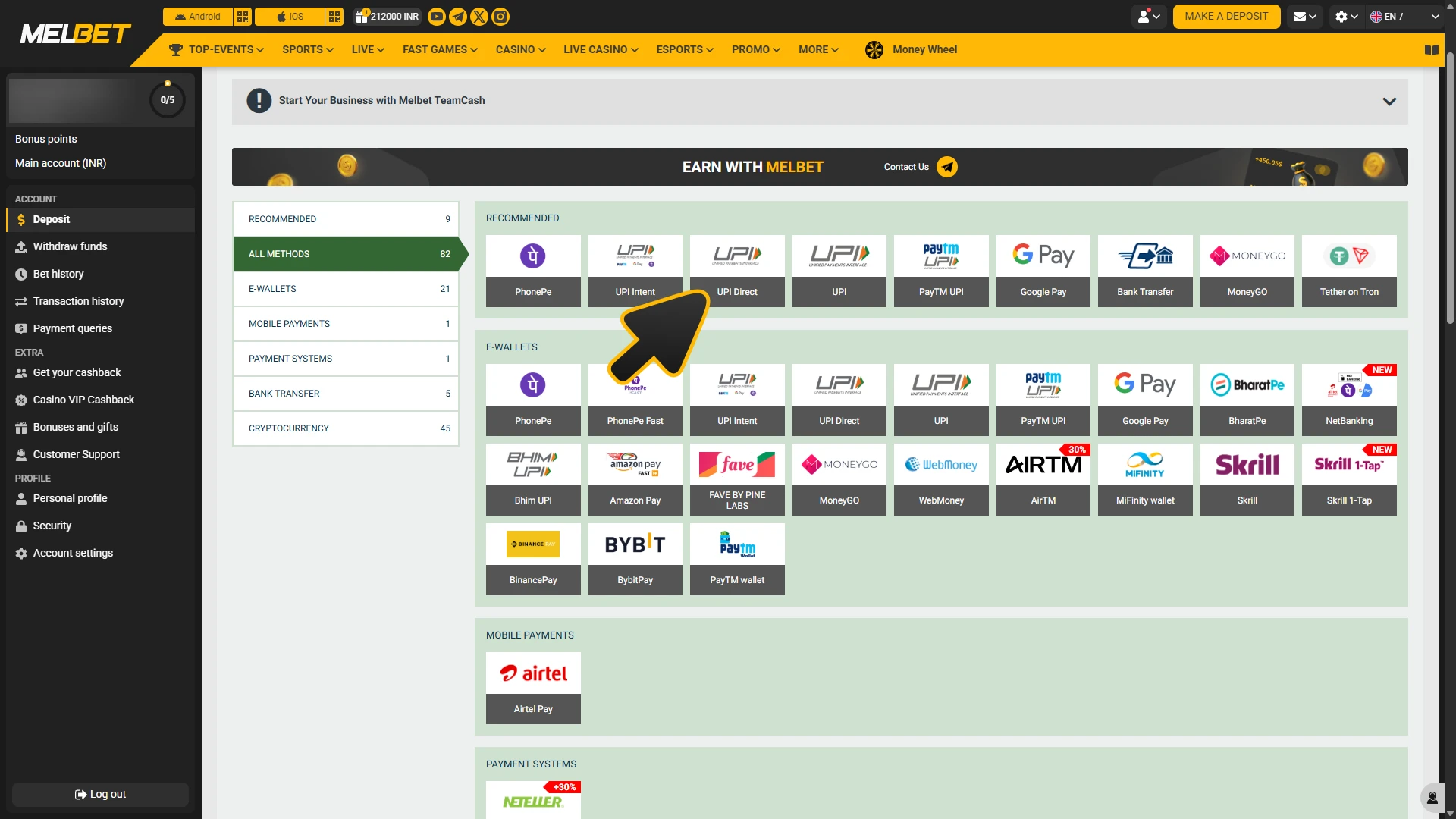 Select deposit method you like for your Melbet account.