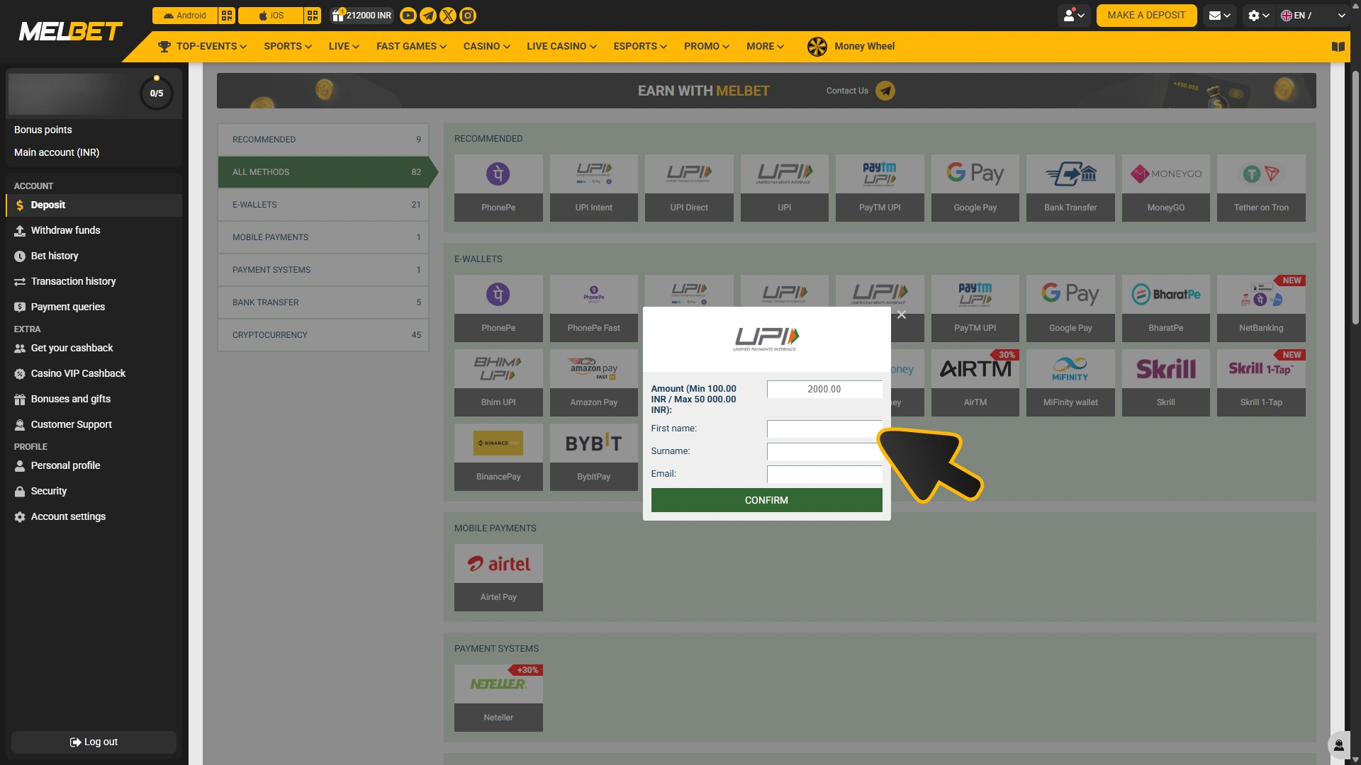 Enter other details and confirm to make Melbet deposit for your account.