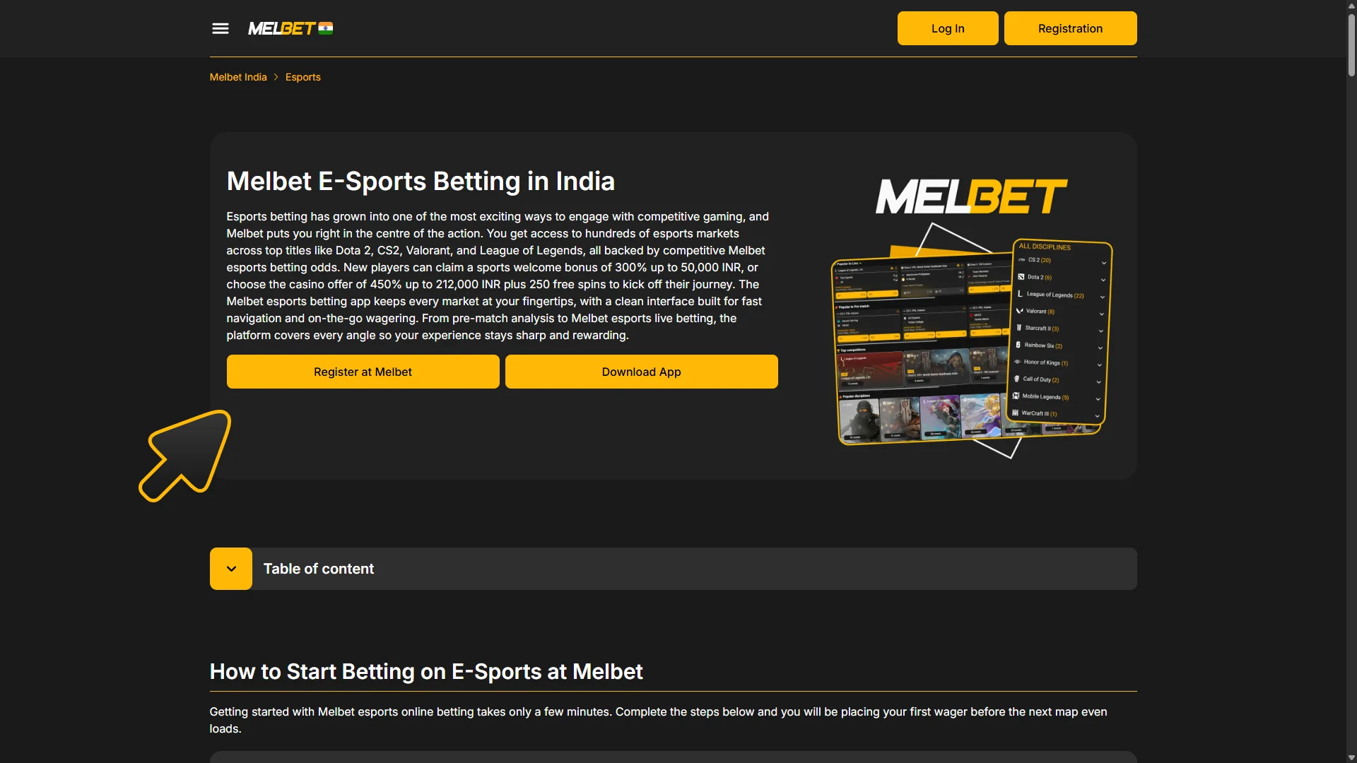 Click this button to create Melbet account for esports betting.