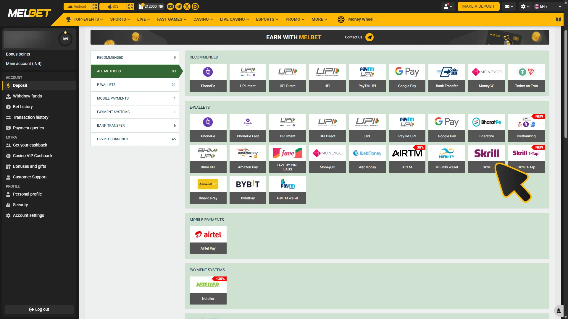 Deposit for Melbet esports betting.