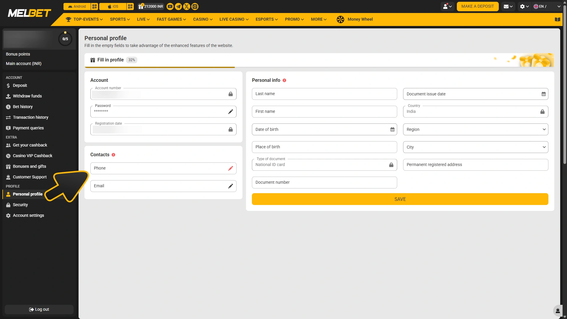 Verify your Melbet profile before esports betting.