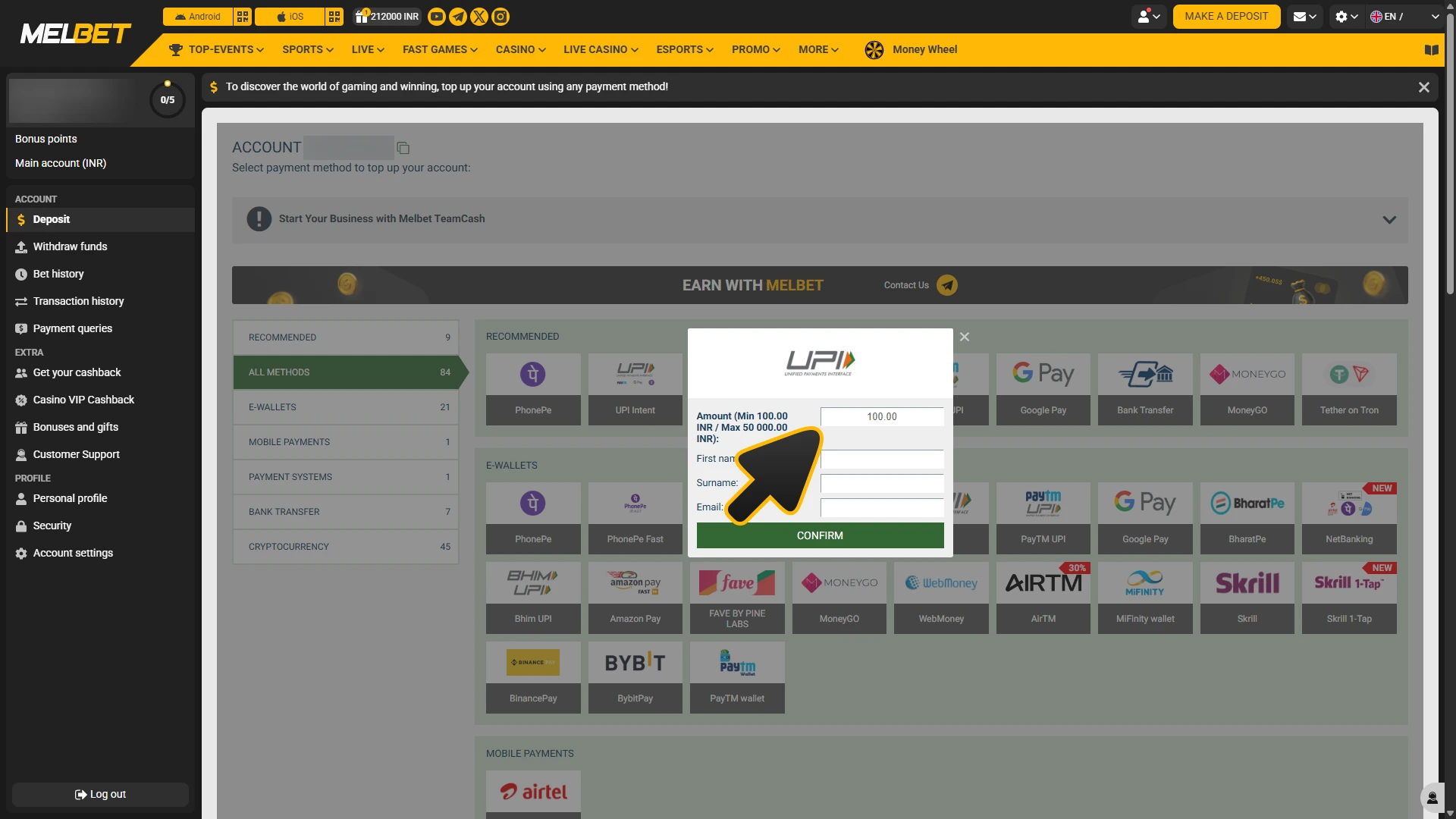 Deposit funds for your Melbet F1 betting.