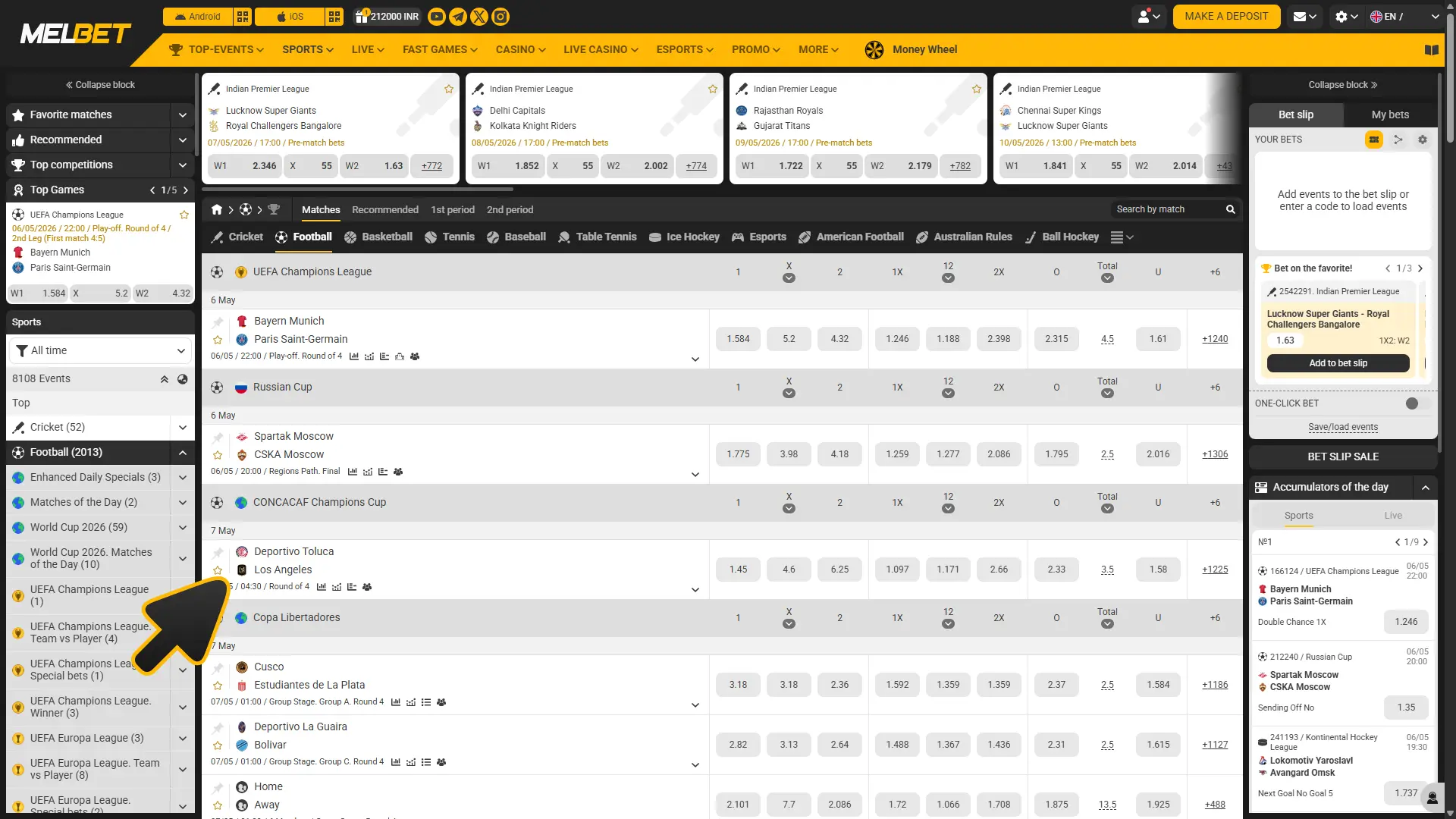 Find football match you want to place bet on at Melbet sports.