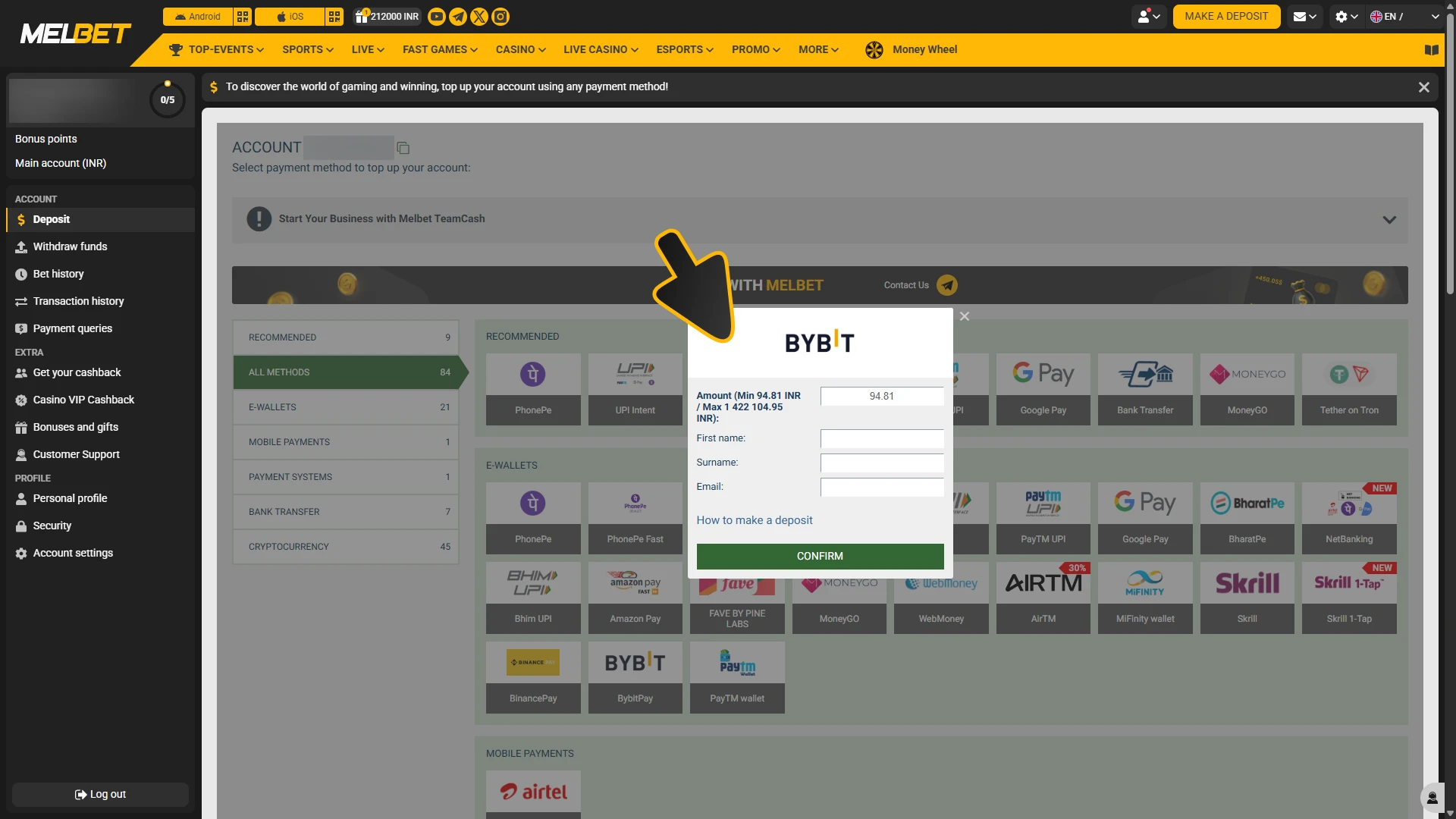 Make a deposit for football bets at Melbet.