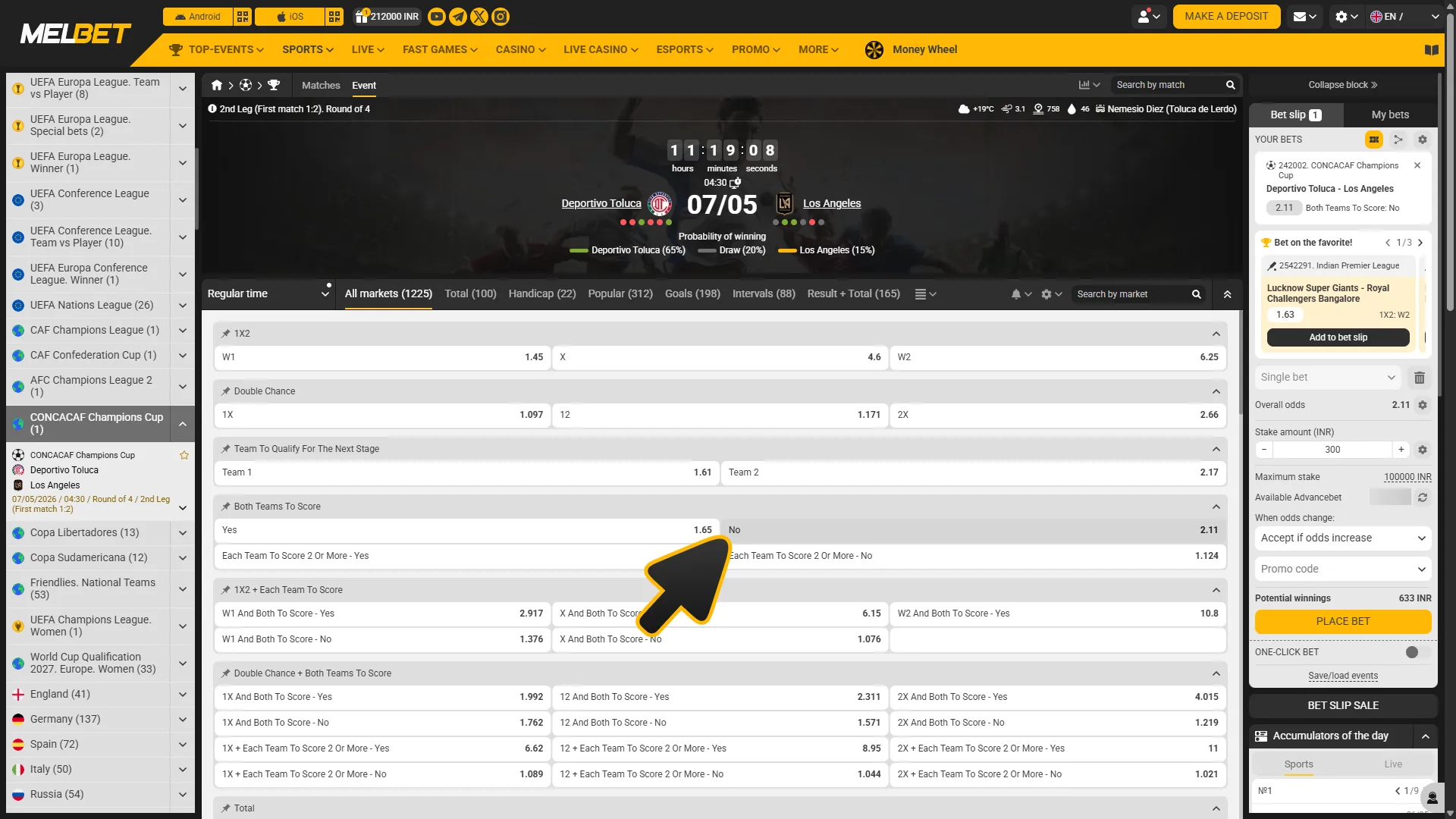 Choose football market you like to place bet on at Melbet.