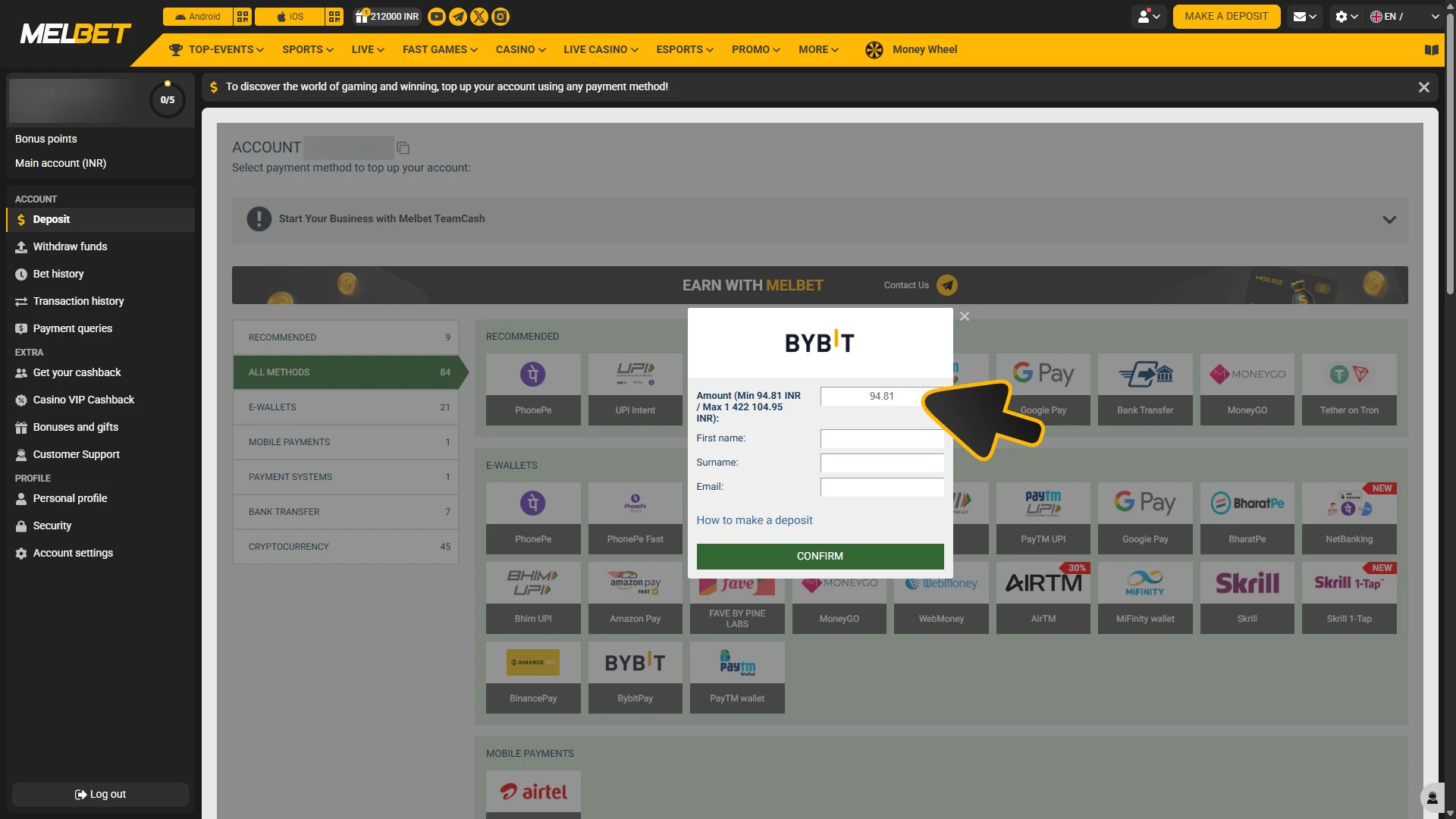 Fund your Melbet account for hockey betting.