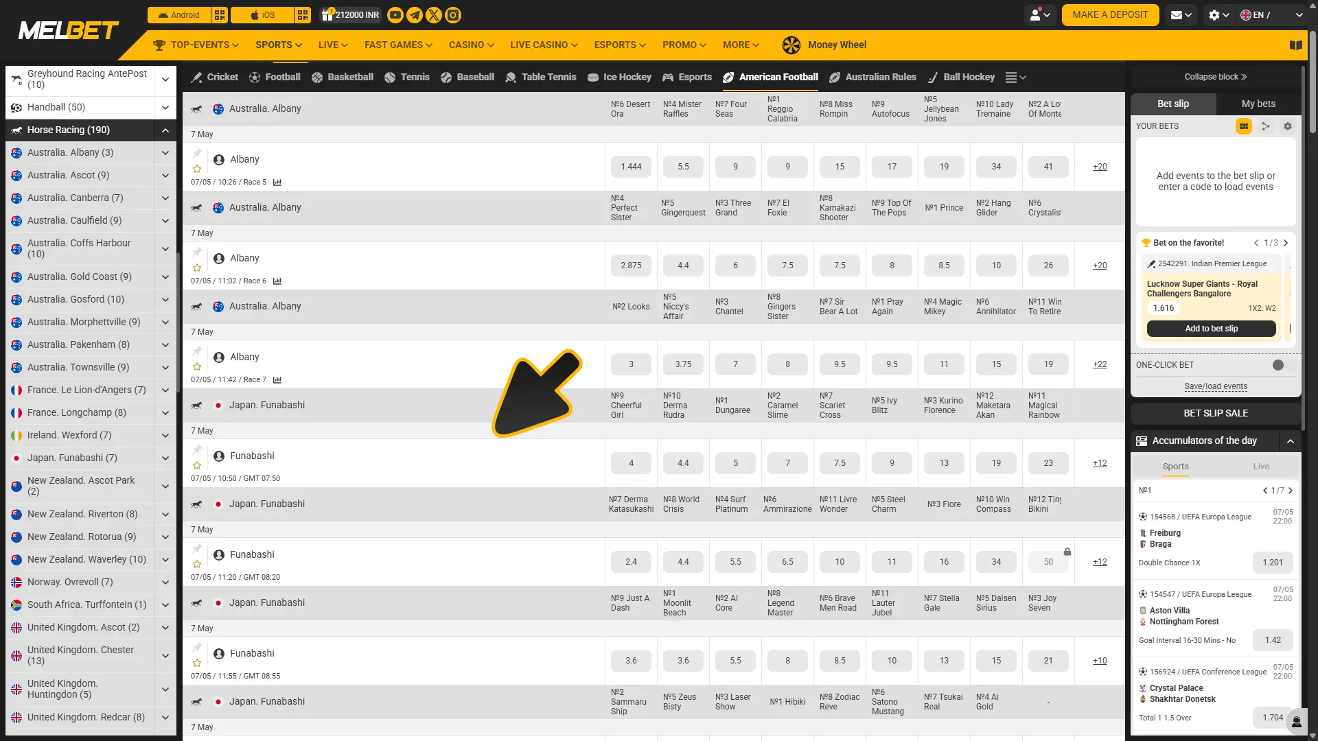 Select horse race to place bet at Melbet sportsbook.