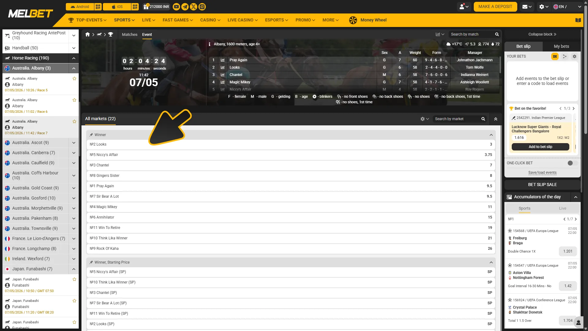 Select stake and place bet at Melbet horse racing.