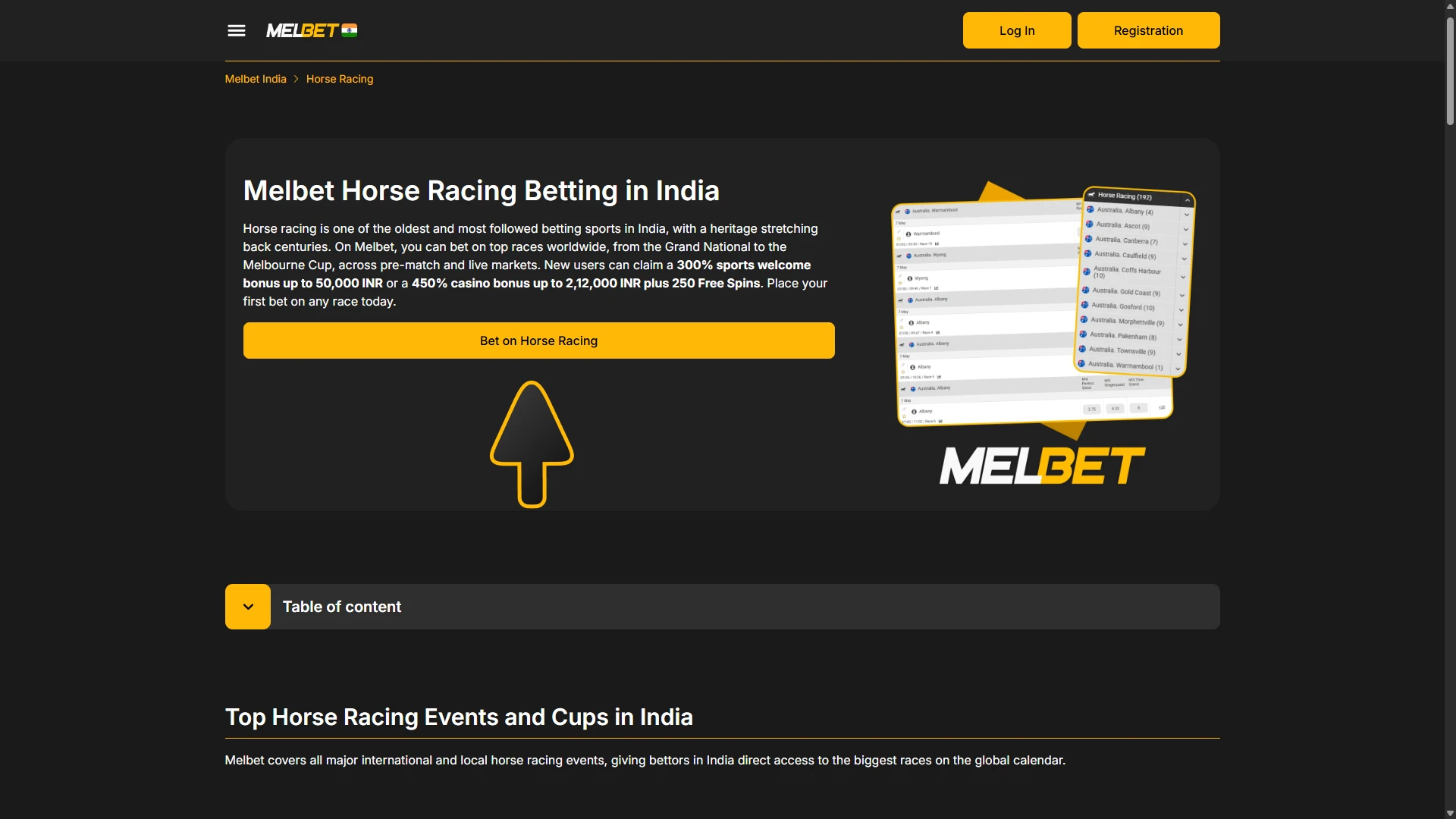 Create Melbet account by pressing this button to start betting at horse racing.