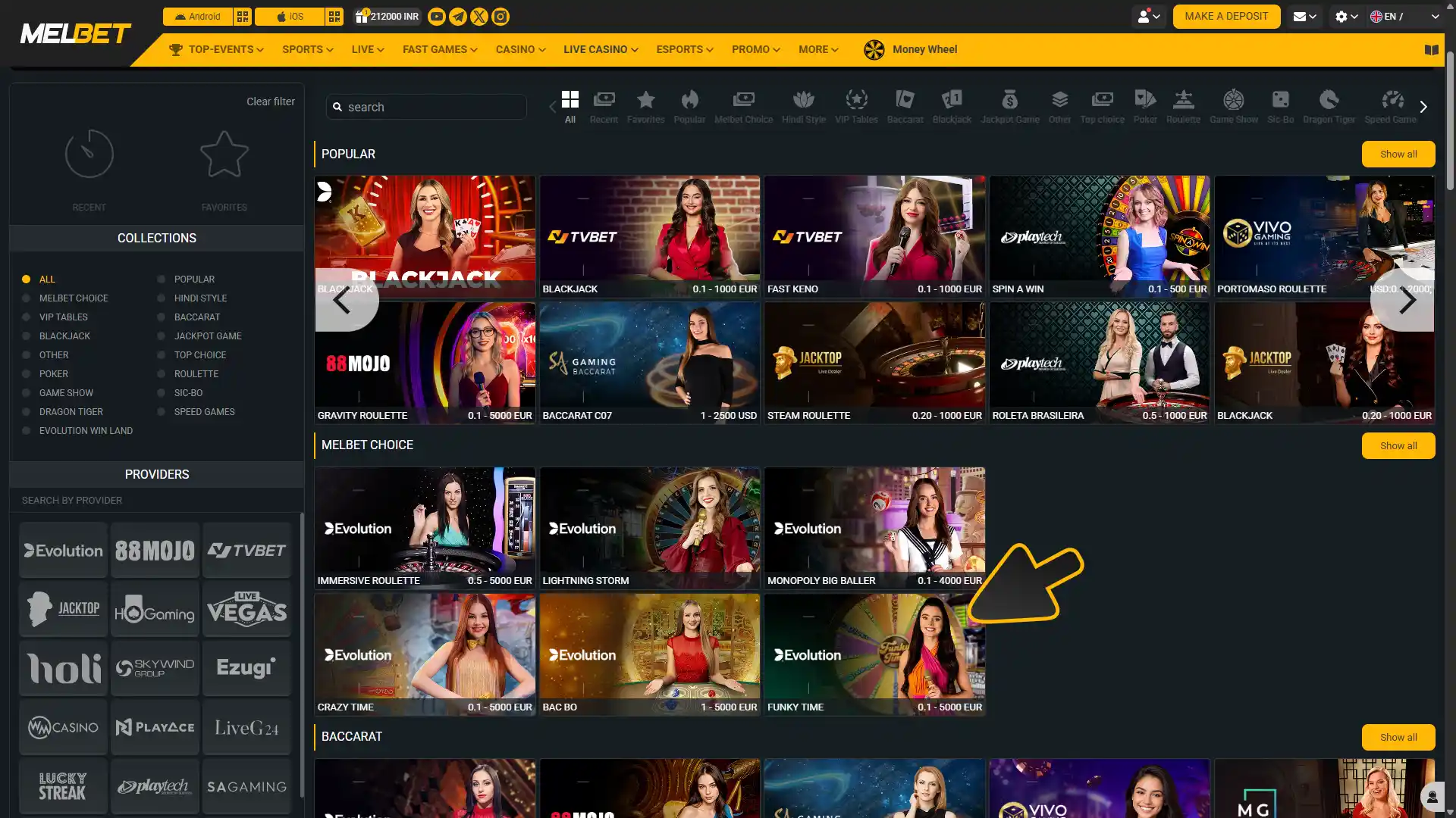 Select live game and play at Melbet casino.