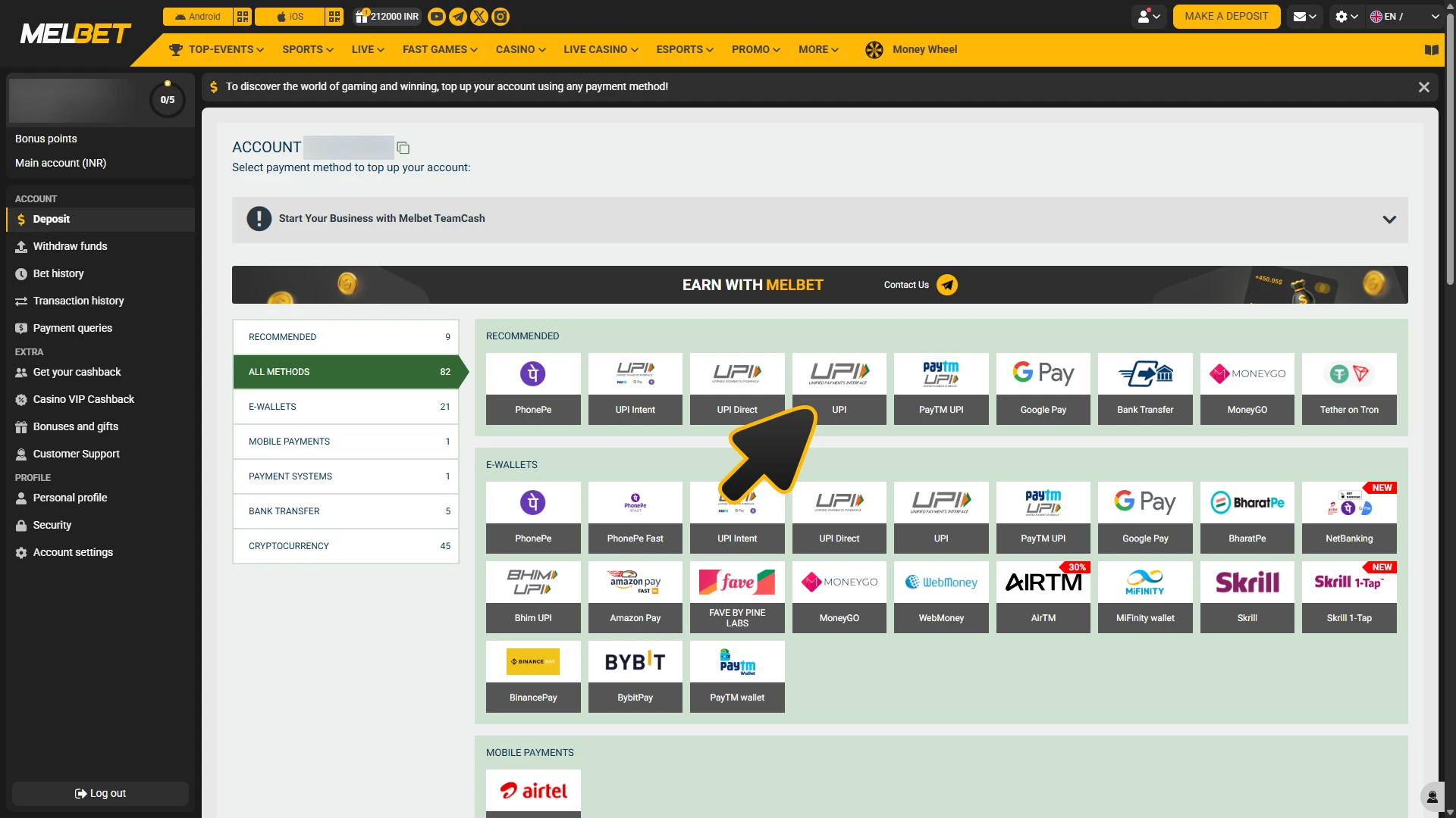 Make deposit for live casino betting at Melbet.