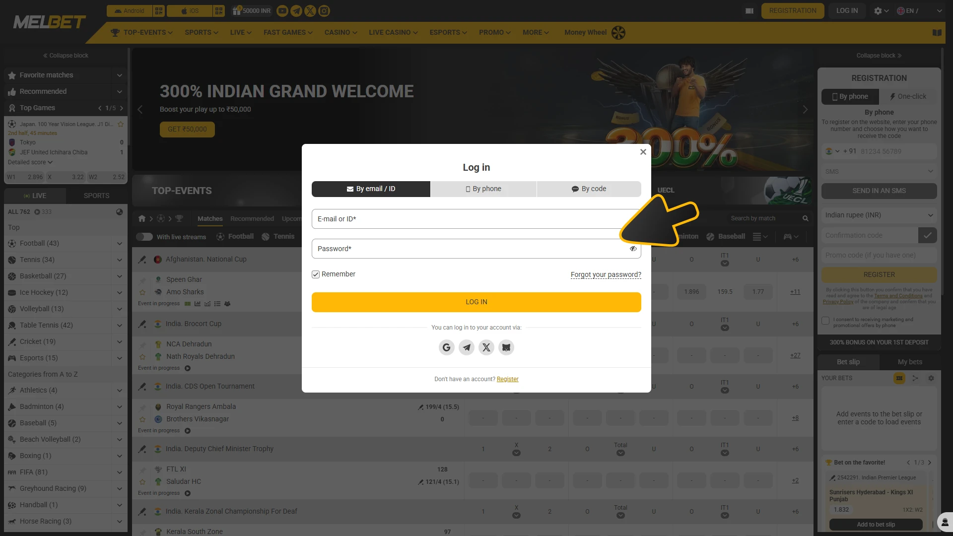 Type in your email or phone number into Melbet login form.