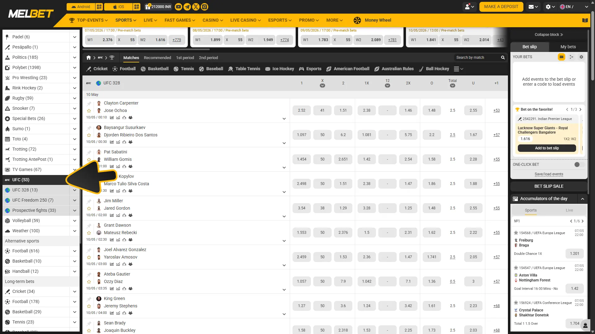 Find any MMA sport you like to bet on at Melbet.