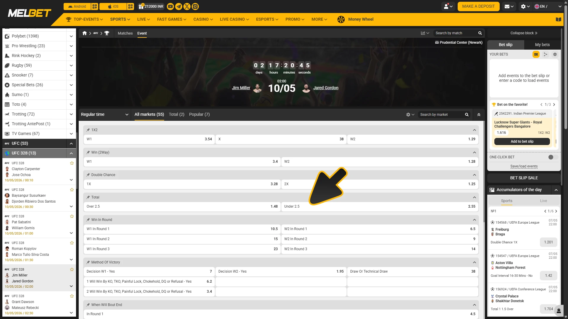 Choose MMA sports market to place bet on at Melbet.