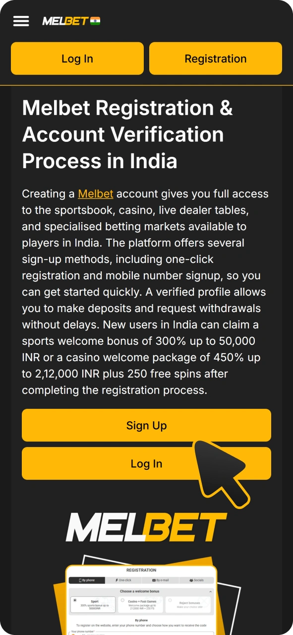 Tap this button to get Melbet app and register at casino.