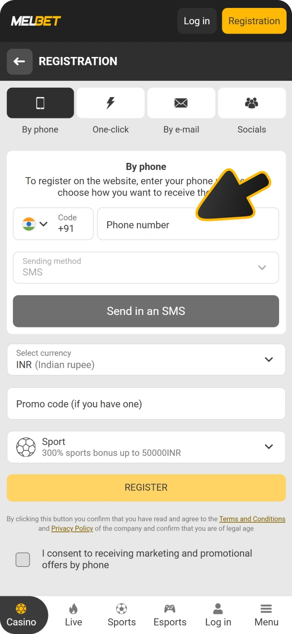 Type in your details and confirm registration at Melbet app.