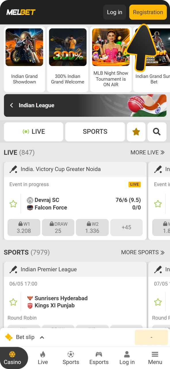 Find registration button at Melbet app.