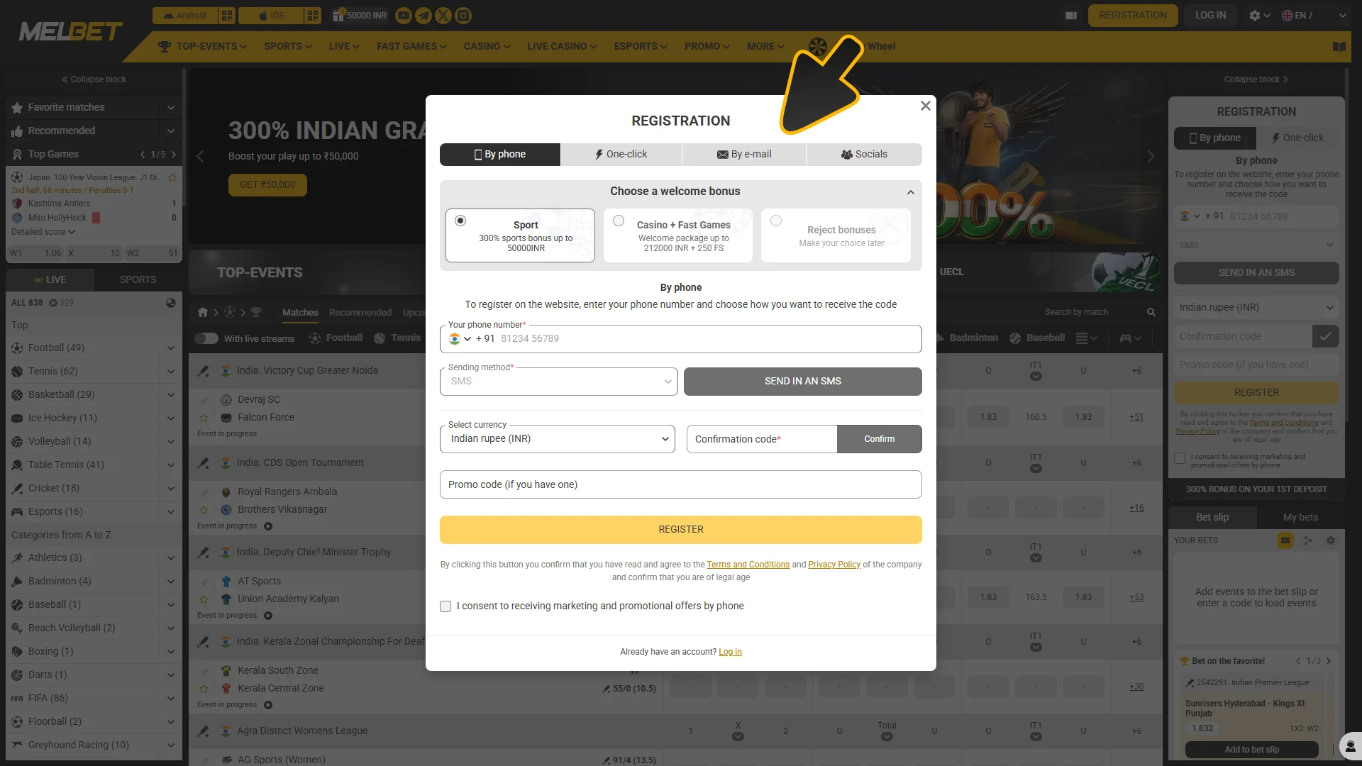 Select one of the methods to join Melbet.