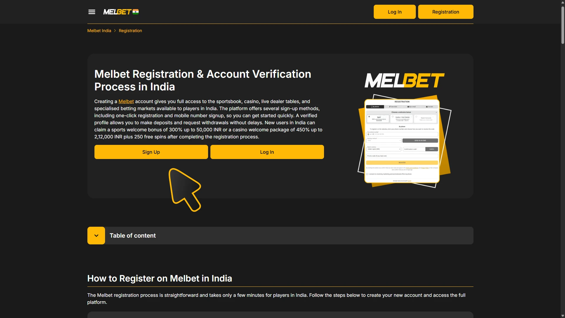 Click this button to open Melbet registration form.