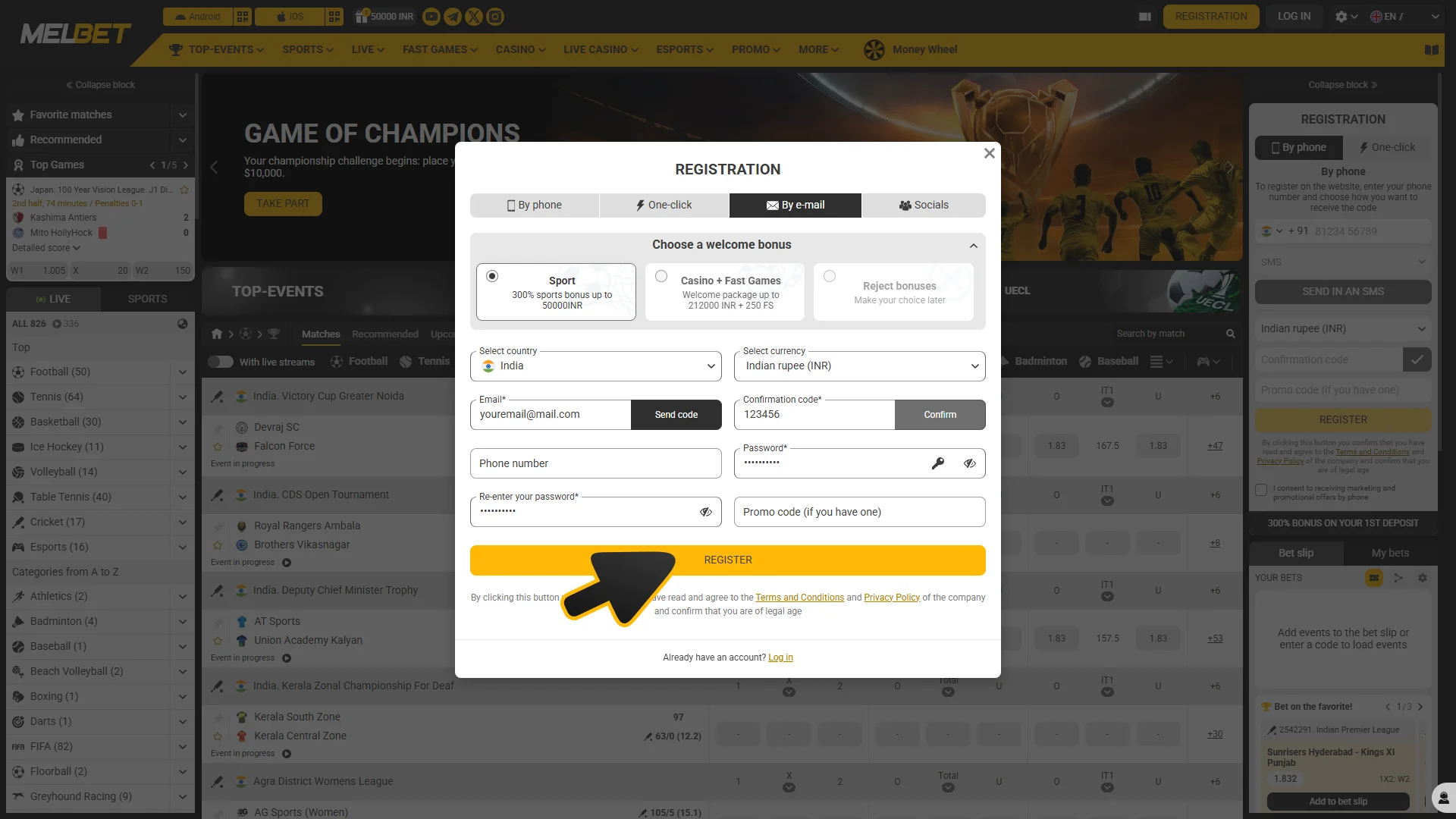 Confirm your registration at Melbet.