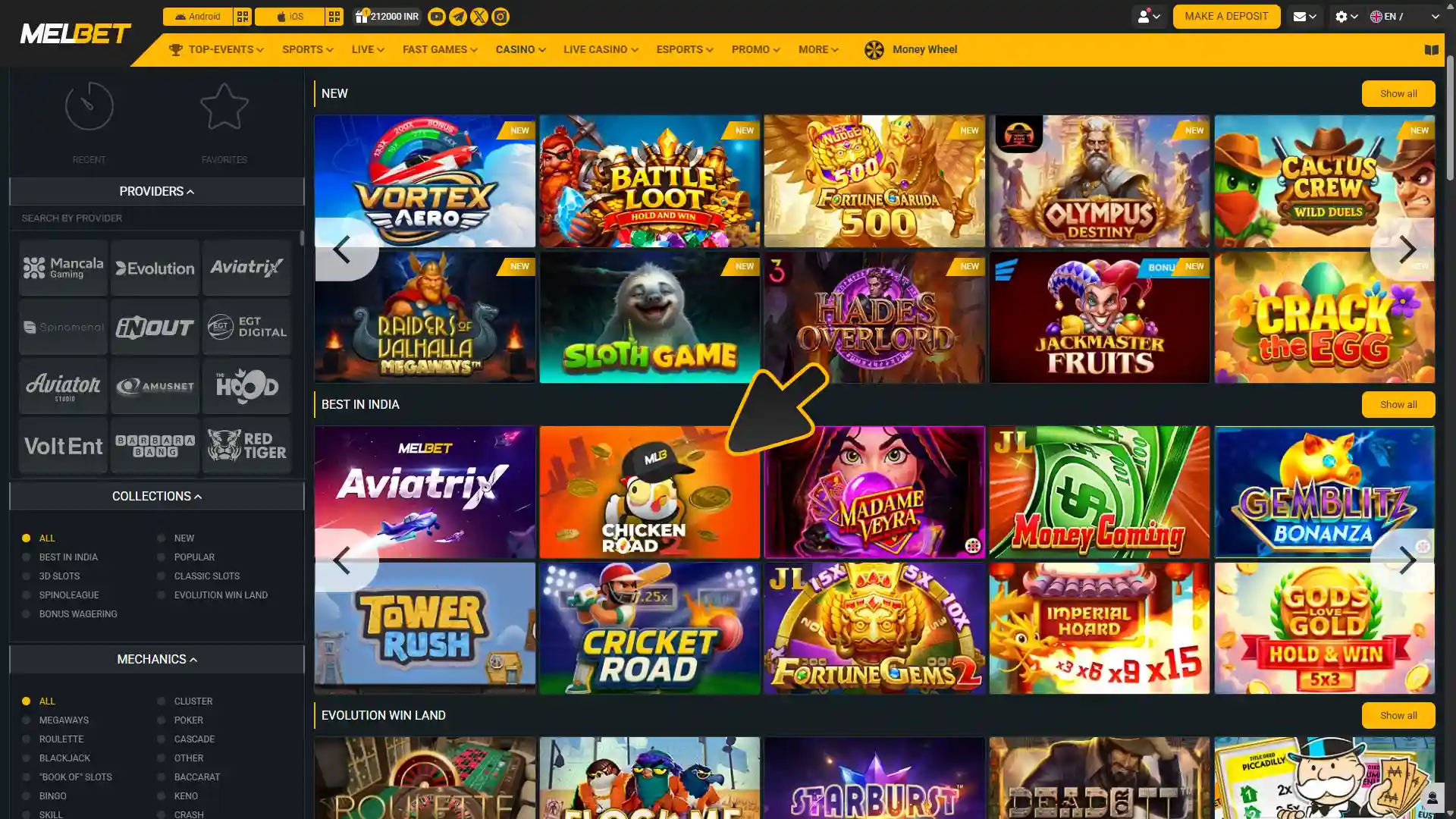 Choose slots game you want to play at Melbet casino.