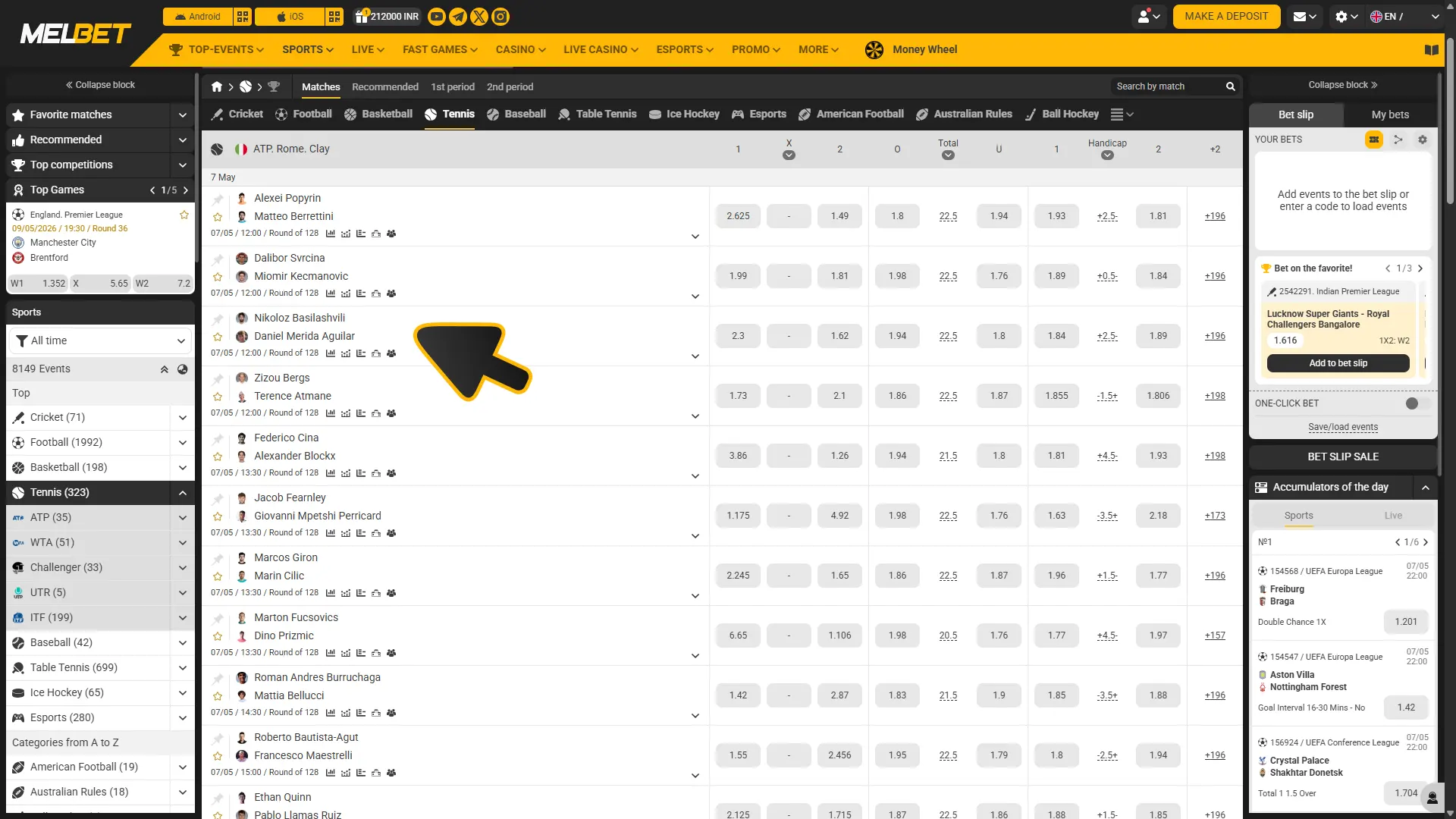Select tennis match to bet on at Melbet sports.