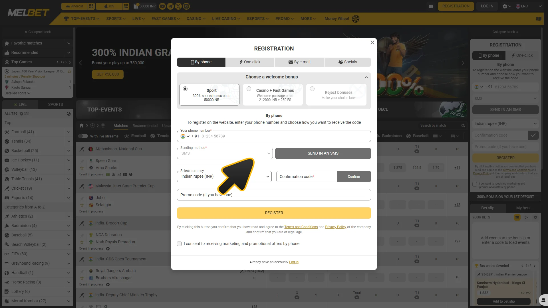 Create your Melbet account to bet on tennis.