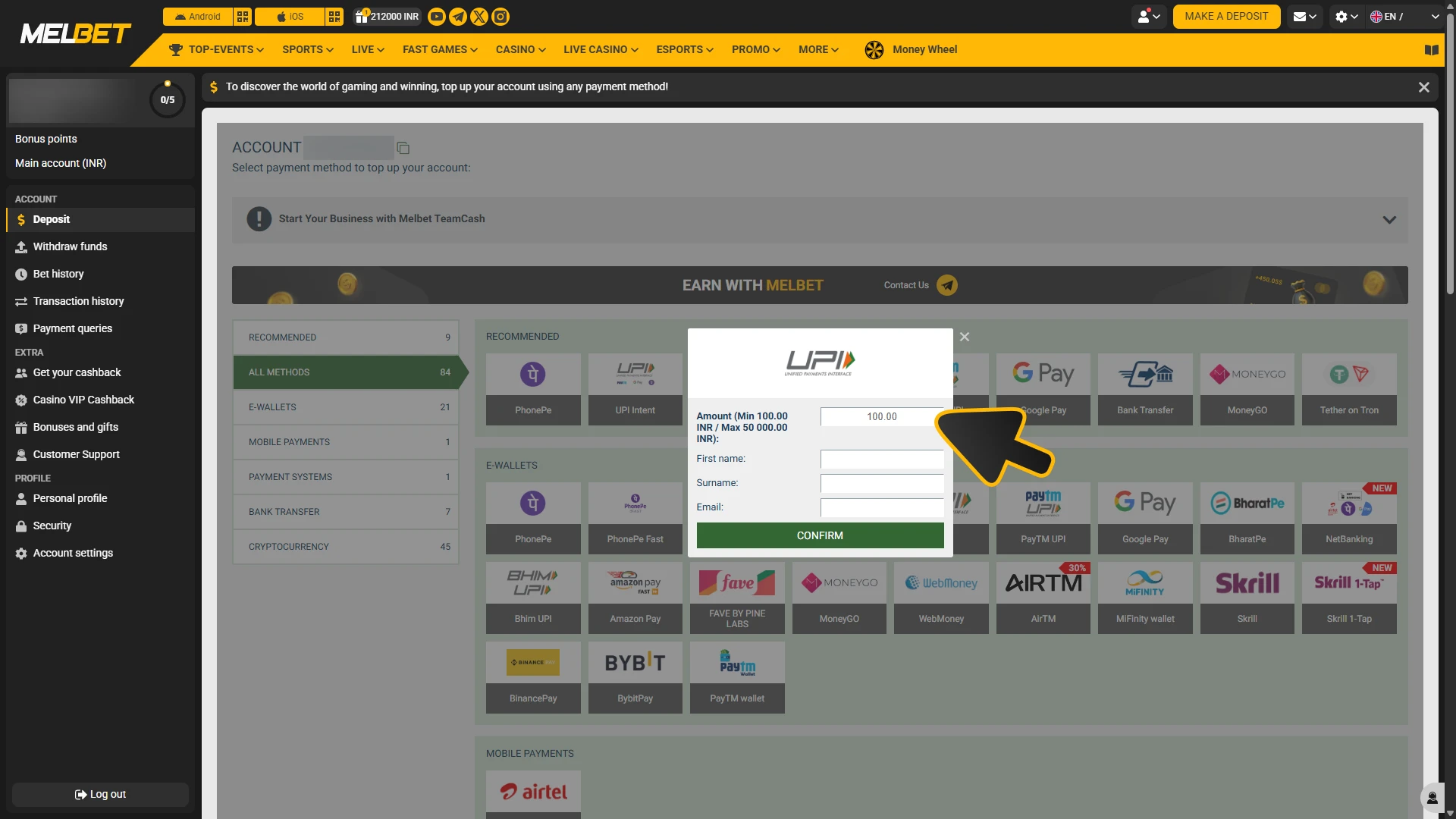 Deposit for your Melbet tennis bets.