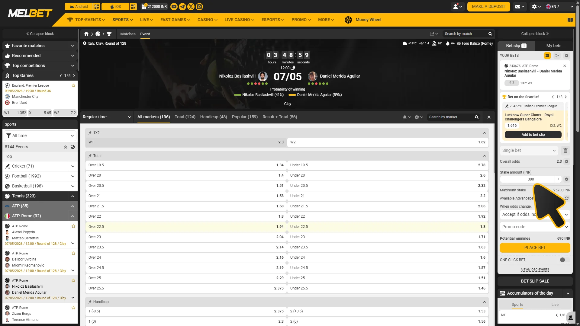 Enter tennis bet amount and confirm it at Melbet sports.